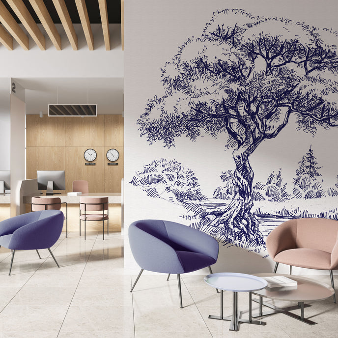 Navy illustrated mural of a large tree beside a calm river in a peaceful countryside landscape. On an office waiting room wall. 