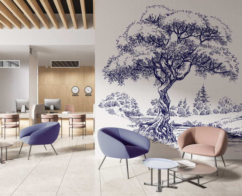 Navy illustrated mural of a large tree beside a calm river in a peaceful countryside landscape. On an office waiting room wall. 
