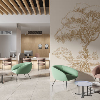 Sepia coloured illustrated mural of a large tree beside a calm river in a peaceful countryside landscape. On an office waiting room wall. 
