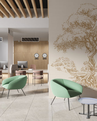Sepia coloured illustrated mural of a large tree beside a calm river in a peaceful countryside landscape. On an office waiting room wall. 