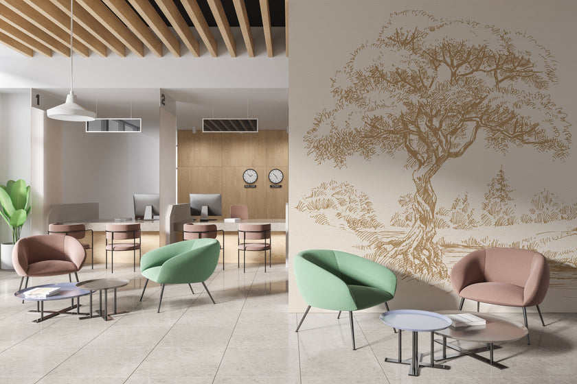 Sepia coloured illustrated mural of a large tree beside a calm river in a peaceful countryside landscape. On an office waiting room wall. 