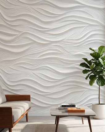 Detailed image of a wall mural with repeating geometric pattern in grey and white tones, installed in a contemporary office space.