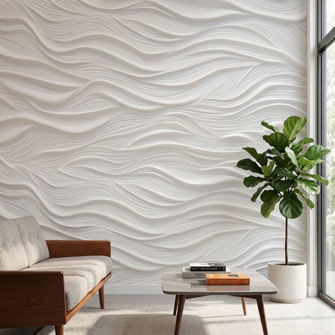 Detailed image of a wall mural with repeating geometric pattern in grey and white tones, installed in a contemporary office space.