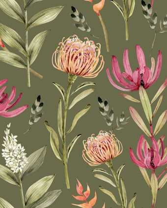 Botanical wallpaper with a seamless repeating pattern of hand painted South African fynbos flowers and foliage in blush pink, olive green, and soft neutral tones on an olive background.
