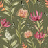 Botanical wallpaper with a seamless repeating pattern of hand painted South African fynbos flowers and foliage in blush pink, olive green, and soft neutral tones on an olive background.