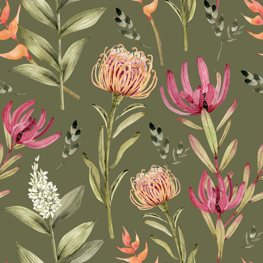 Botanical wallpaper with a seamless repeating pattern of hand painted South African fynbos flowers and foliage in blush pink, olive green, and soft neutral tones on an olive background.