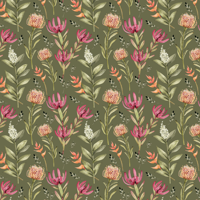 Botanical wallpaper with a seamless repeating pattern of hand painted South African fynbos flowers and foliage in blush pink, olive green, and soft neutral tones on an olive background.