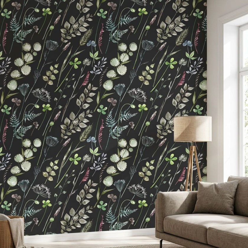 Close-up of the 'On a Whimmmm' seamless floral mural on a textured living room wall, showing vibrant sage green and black patterns with a join-free design.