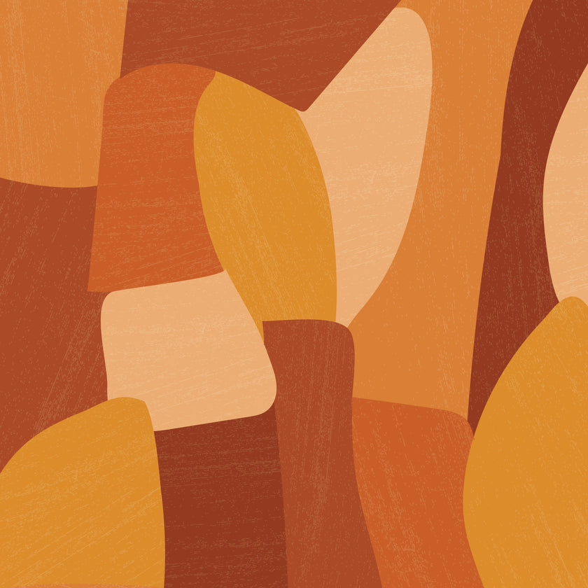 Shades of orange in abstract shapes with a paint brush texture.
