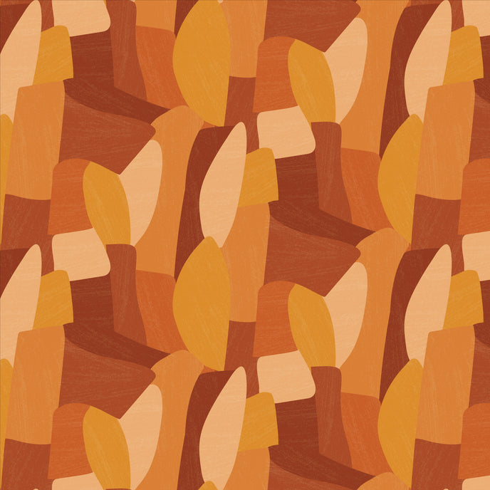 Shades of orange in abstract shapes with a paint brush texture.