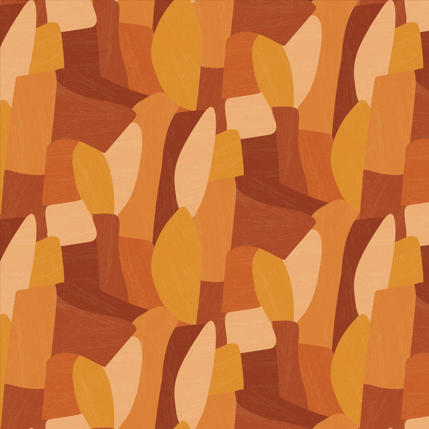 Shades of orange in abstract shapes with a paint brush texture.