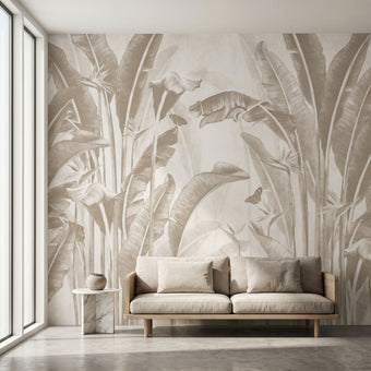 Vibrant overgrown Stralizias floral and butterfly mural covering a large wall in a modern interior with lush greenery and natural daylight.