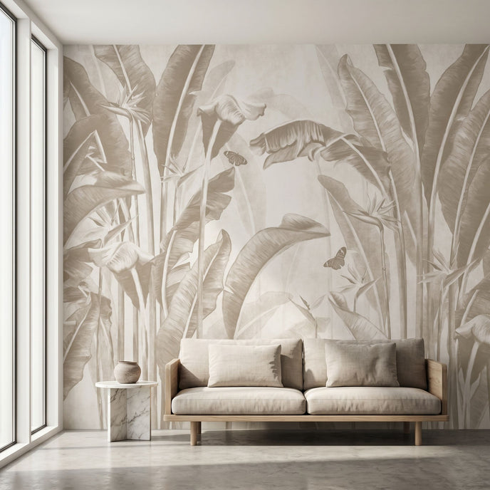 Vibrant overgrown Stralizias floral and butterfly mural covering a large wall in a modern interior with lush greenery and natural daylight.