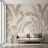 Vibrant overgrown Stralizias floral and butterfly mural covering a large wall in a modern interior with lush greenery and natural daylight.