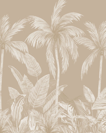 Neutral tropical mural with illustrated palm trees and layered jungle foliage in warm beige and cream inverted tones.