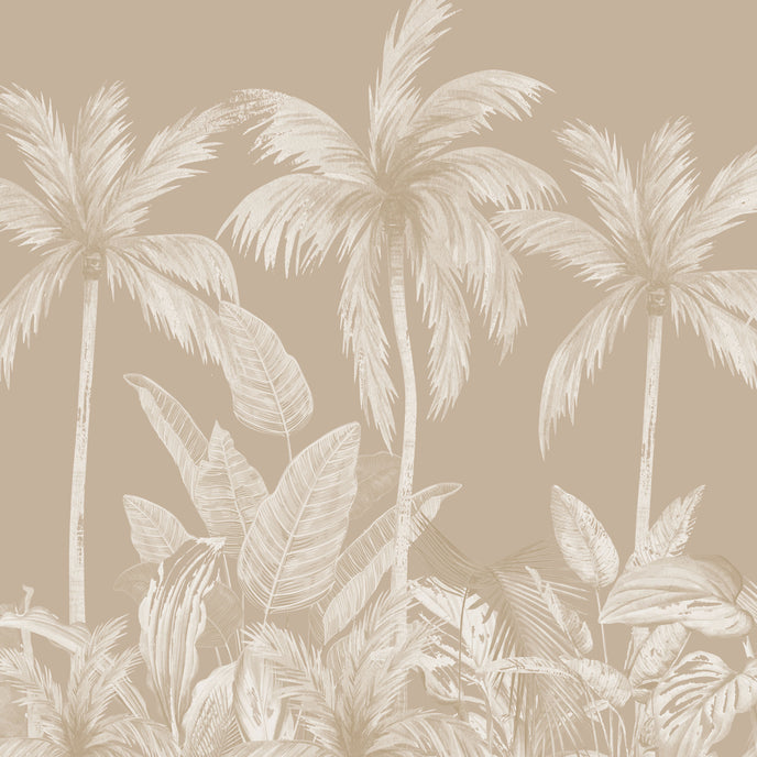 Neutral tropical mural with illustrated palm trees and layered jungle foliage in warm beige and cream inverted tones.