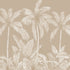 Neutral tropical mural with illustrated palm trees and layered jungle foliage in warm beige and cream inverted tones.