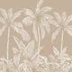 Neutral tropical mural with illustrated palm trees and layered jungle foliage in warm beige and cream inverted tones.