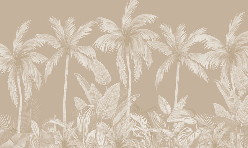 Neutral tropical mural with illustrated palm trees and layered jungle foliage in warm beige and cream inverted tones.