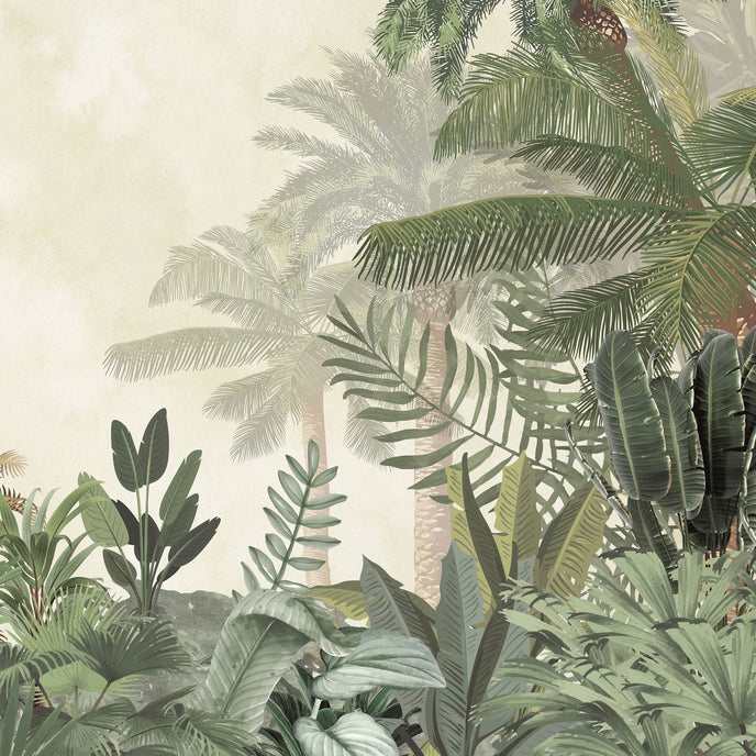 A close up of this tropical mural with layered palm trees and lush green foliage on a soft neutral background.