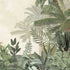 A close up of this tropical mural with layered palm trees and lush green foliage on a soft neutral background.