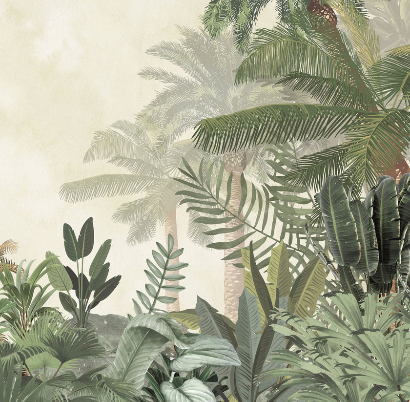 A close up of this tropical mural with layered palm trees and lush green foliage on a soft neutral background.