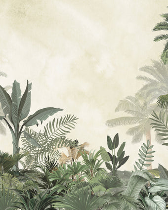 Tropical mural with layered palm trees and lush green foliage on a soft neutral background.