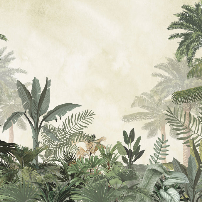 Tropical mural with layered palm trees and lush green foliage on a soft neutral background.