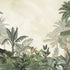 Tropical mural with layered palm trees and lush green foliage on a soft neutral background.