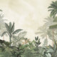 Tropical mural with layered palm trees and lush green foliage on a soft neutral background.