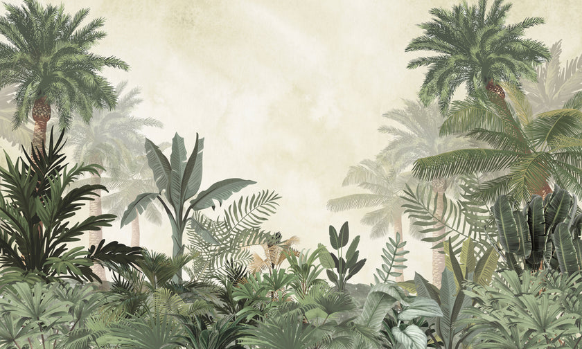 Tropical mural with layered palm trees and lush green foliage on a soft neutral background.