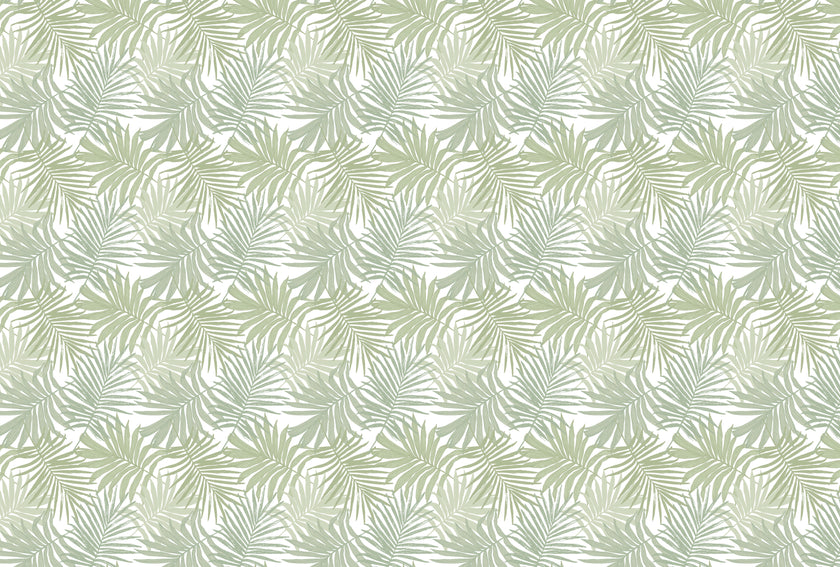 Botanical wallpaper featuring overlapping sage green palm leaves on a white background, creating a fresh tropical pattern with a soft, coastal feel. 