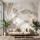 Panoramic mural of lush greenery and butterfly motifs, seamlessly extending across the wall with realistic lighting and vibrant colors.