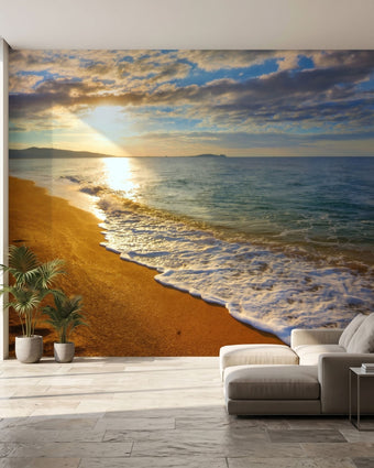 Panoramic tropical beach mural with azure waters and lush greenery, precisely fitted to a full wall in a contemporary space.
