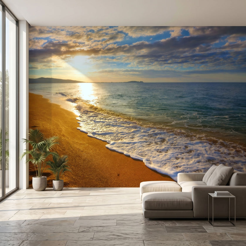 Panoramic tropical beach mural with azure waters and lush greenery, precisely fitted to a full wall in a contemporary space.