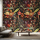 Delicate wall mural featuring Persiphone floral pattern with orchids and pomegranates in black and red, covering a smooth, neutral-toned wall in a modern living room.