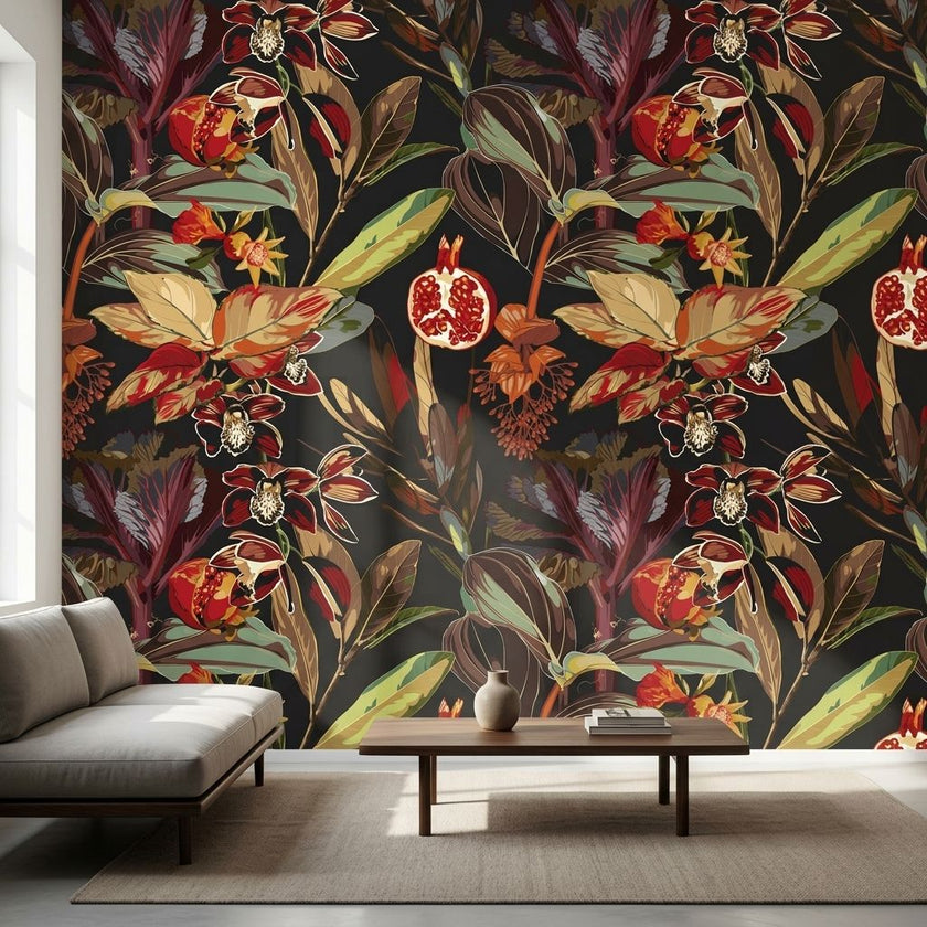 Delicate wall mural featuring Persiphone floral pattern with orchids and pomegranates in black and red, covering a smooth, neutral-toned wall in a modern living room.