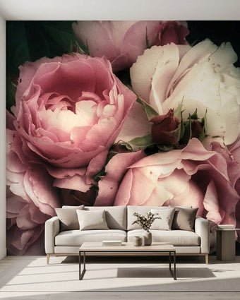 Vibrant pink, blush, purple peony mural decorating a modern living room wall with natural light.
