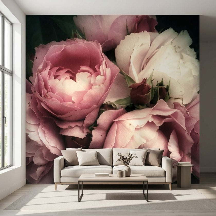 Vibrant pink, blush, purple peony mural decorating a modern living room wall with natural light.