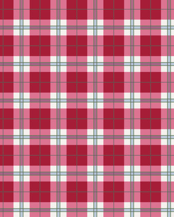 Playful pink tartan wallpaper with layered blush and red tones in a soft check design.