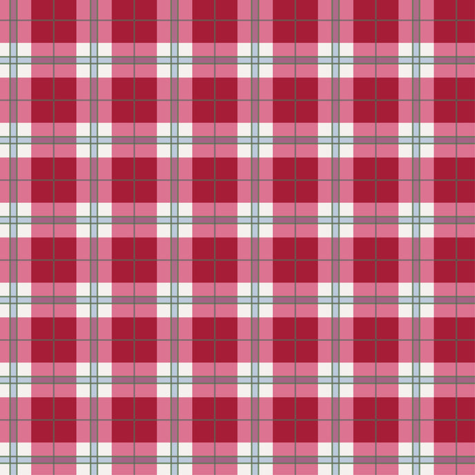 Playful pink tartan wallpaper with layered blush and red tones in a soft check design.