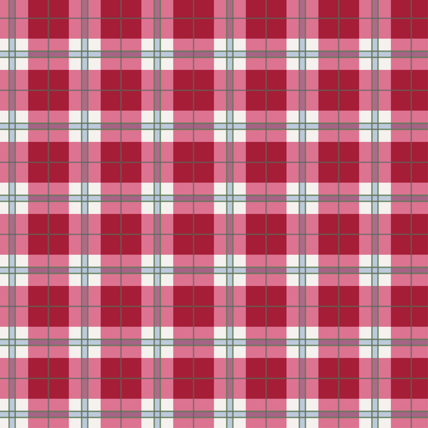Playful pink tartan wallpaper with layered blush and red tones in a soft check design.