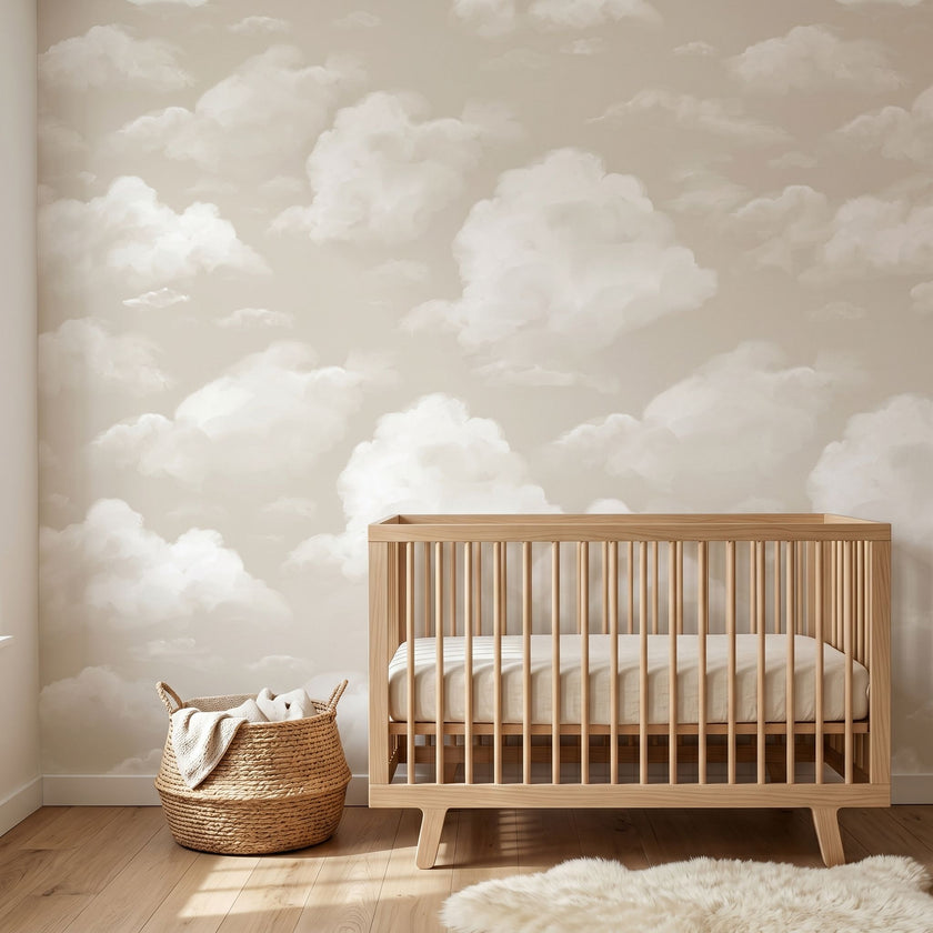 Hyper-realistic view of 'Daydream Haze' mural in a modern nursery, demonstrating seamless coverage and natural shadows.