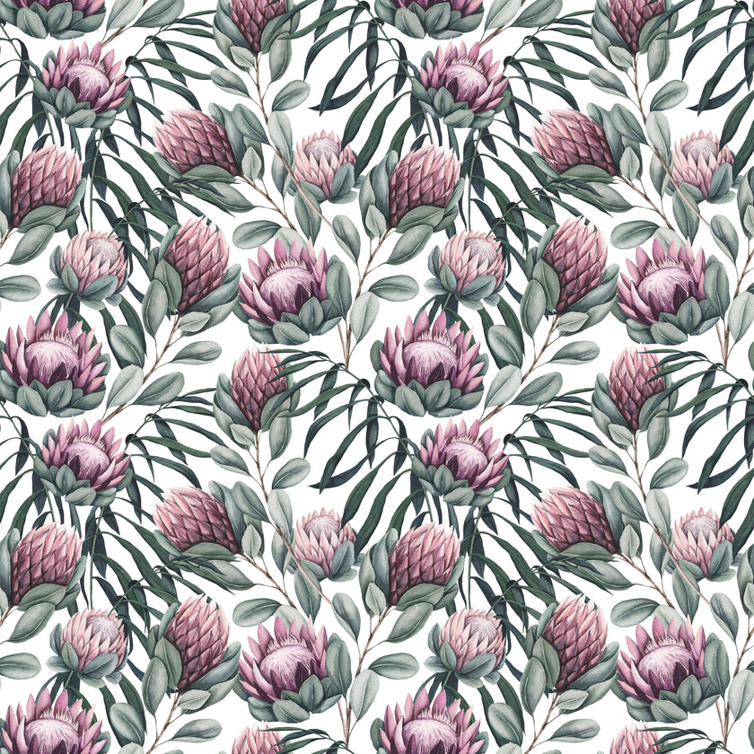 Botanical wallpaper with a seamless repeating pattern of hand painted king proteas, eucalyptus leaves, and soft sage green foliage on a white background.