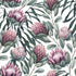 Botanical wallpaper with a seamless repeating pattern of hand painted king proteas, eucalyptus leaves, and soft sage green foliage on a white background.