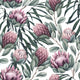 Botanical wallpaper with a seamless repeating pattern of hand painted king proteas, eucalyptus leaves, and soft sage green foliage on a white background.