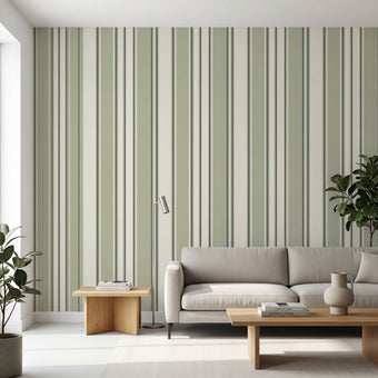 Full wall view of the Retro Liner mural installed in a modern living space, emphasizing the seamless stripe pattern and vibrant greens.