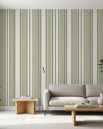 Full wall view of the Retro Liner mural installed in a modern living space, emphasizing the seamless stripe pattern and vibrant greens.