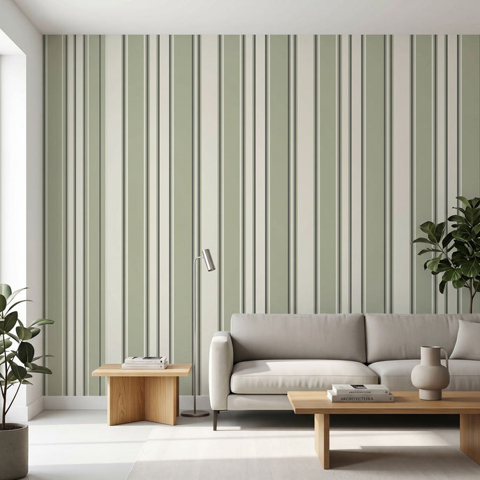 Full wall view of the Retro Liner mural installed in a modern living space, emphasizing the seamless stripe pattern and vibrant greens.