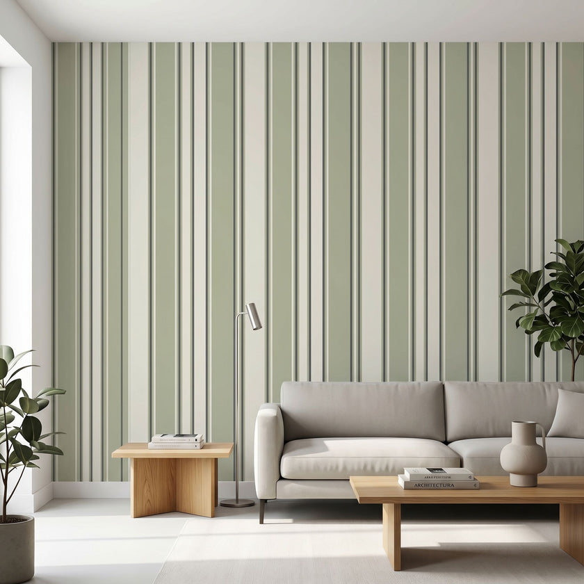 Full wall view of the Retro Liner mural installed in a modern living space, emphasizing the seamless stripe pattern and vibrant greens.